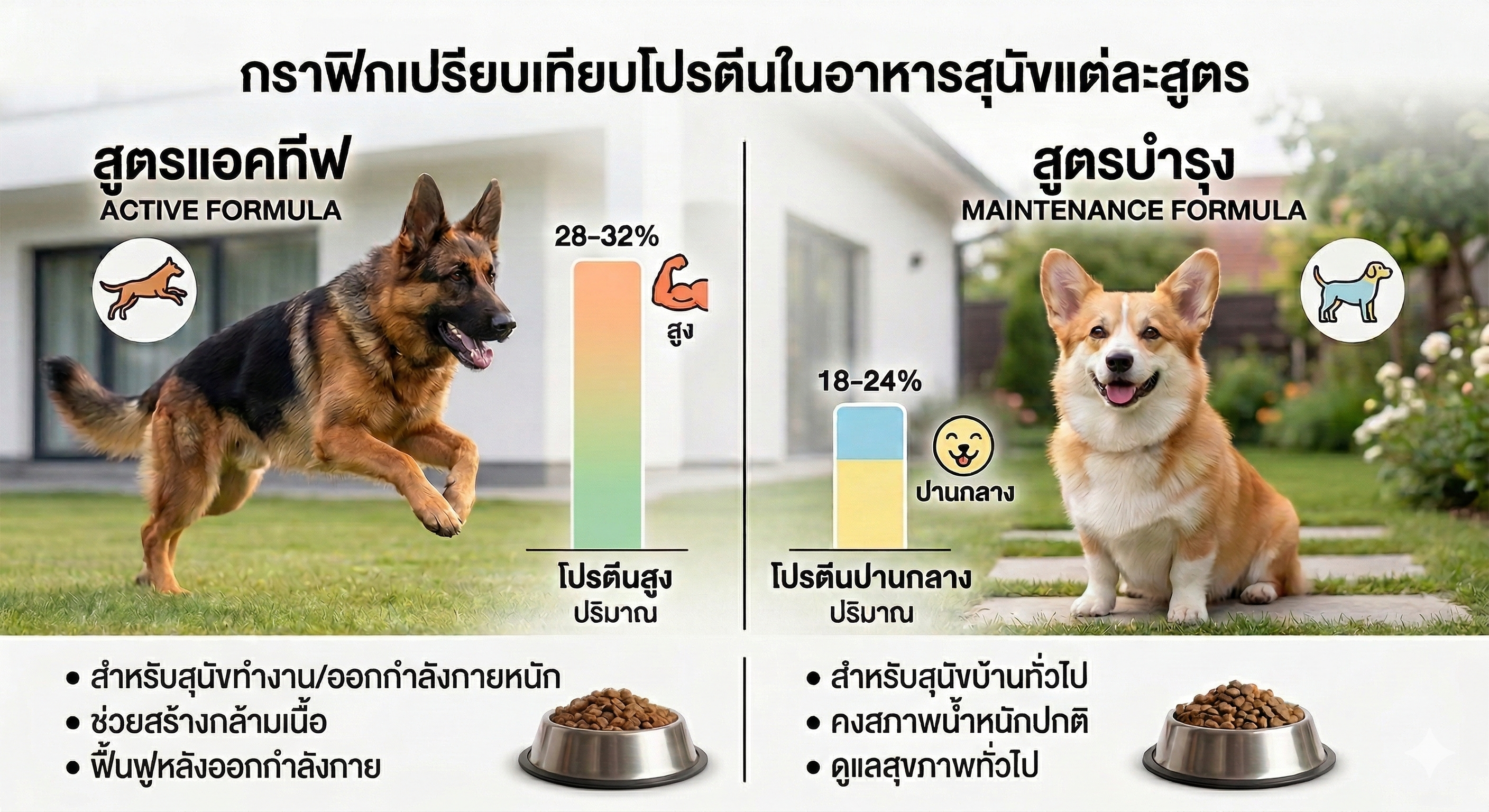 กราฟิกเปรียบเทียบโปรตีนในอาหารสุนัขแต่ละสูตร