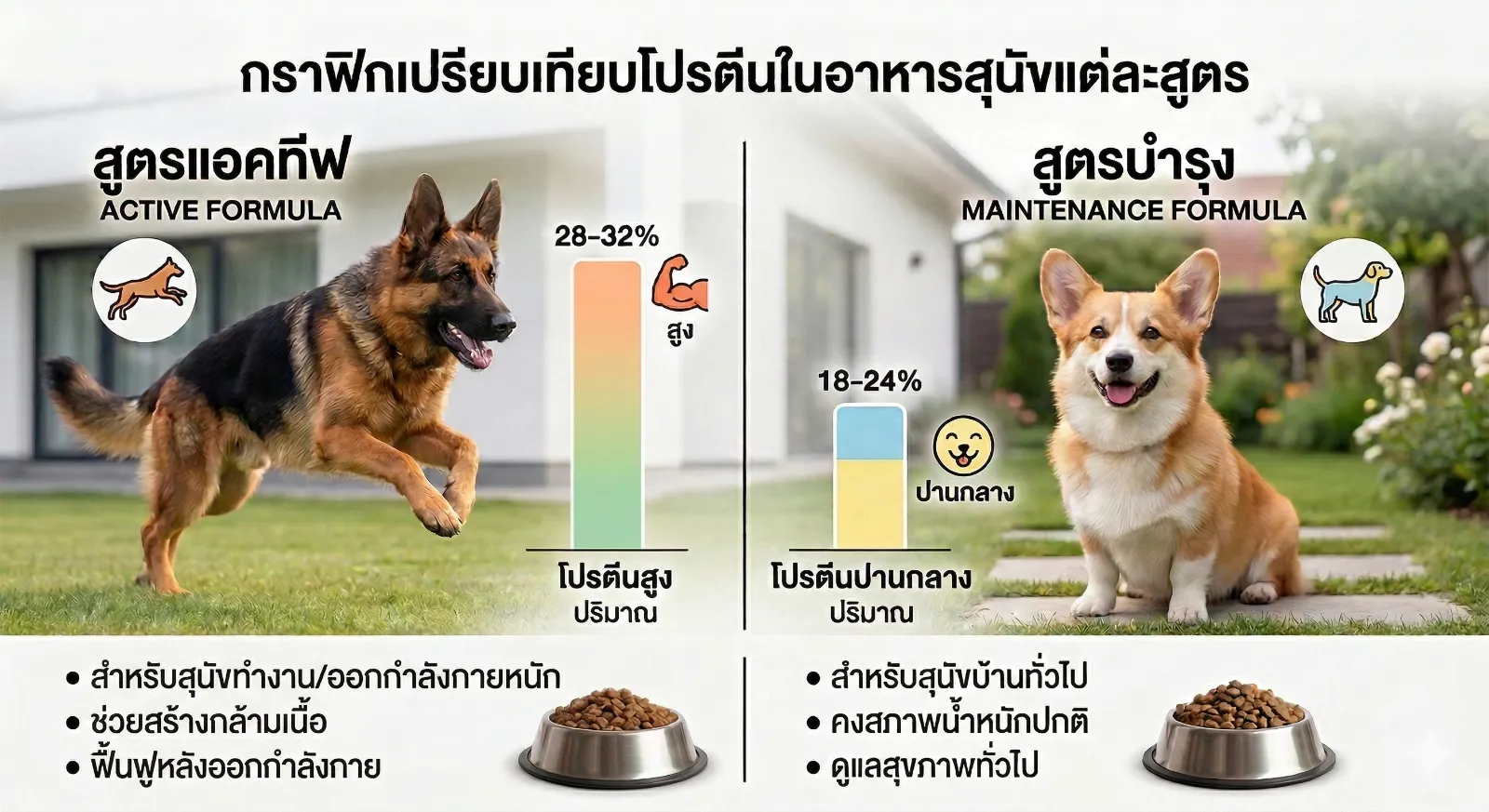 กราฟิกเปรียบเทียบโปรตีนในอาหารสุนัขแต่ละสูตร