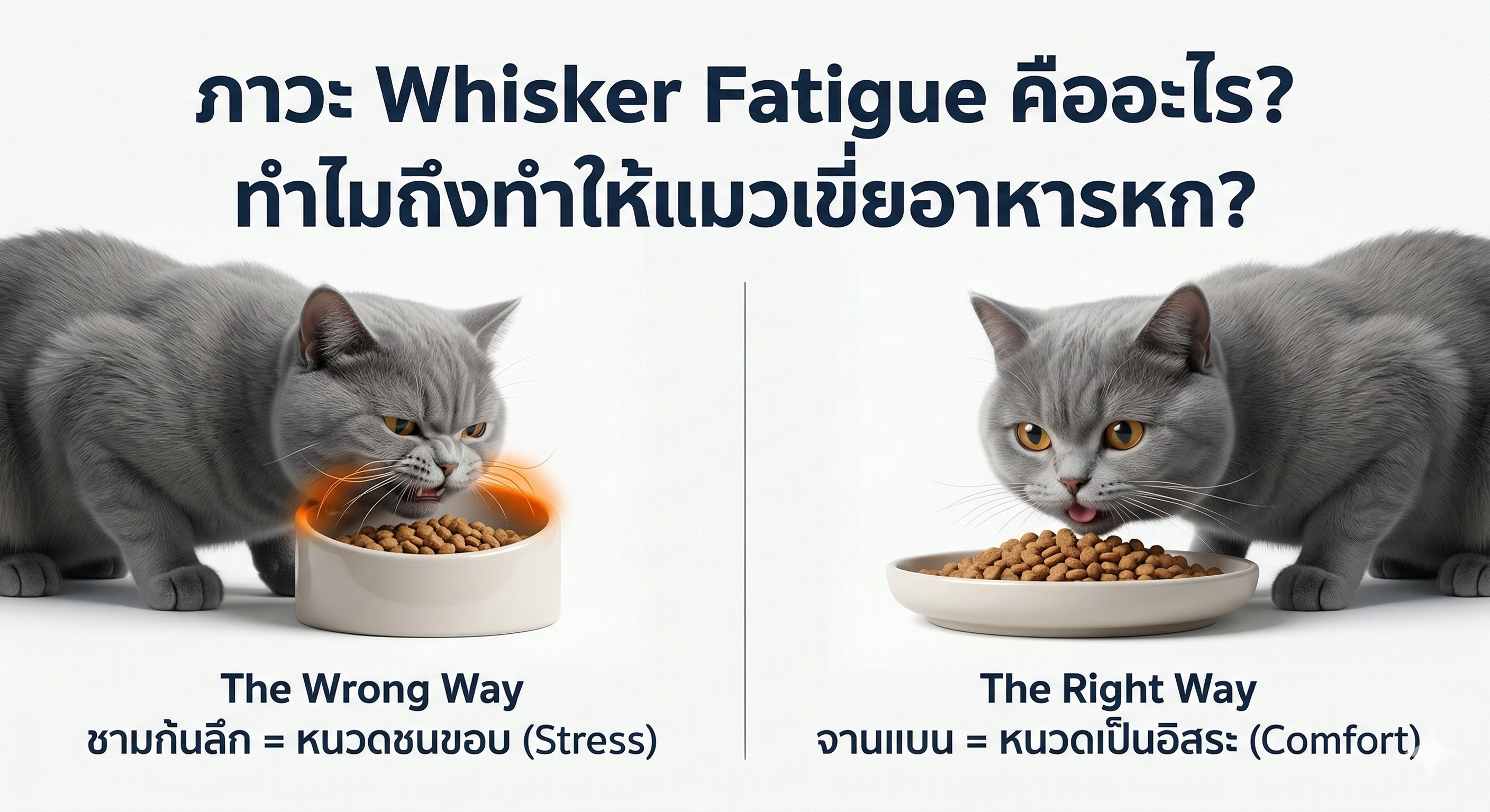 เปรียบเทียบชามอาหารแมวที่ถูกต้องและไม่ถูกต้อง