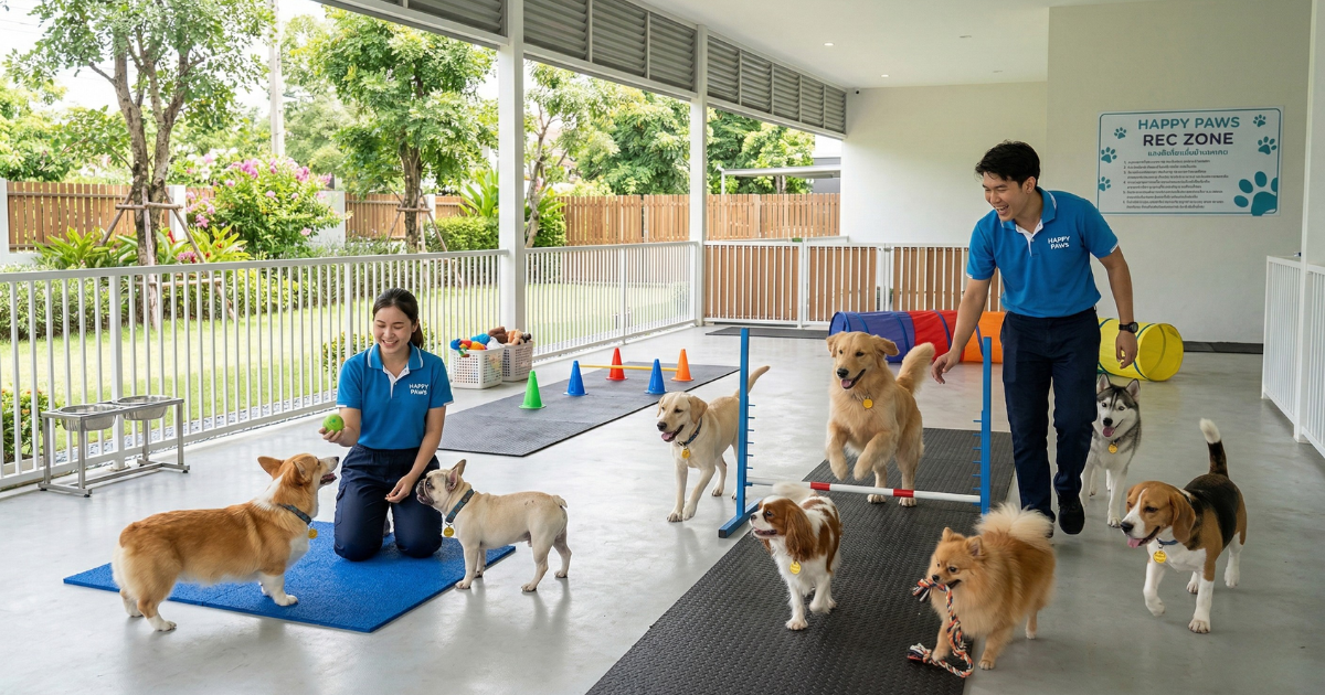 กิจกรรมกลุ่มใน Dog Day Care สถาปัตยกรรมสำหรับสัตว์เลี้ยง