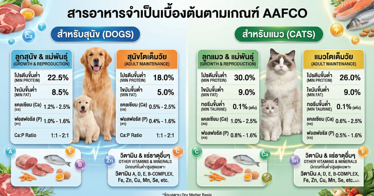 ตารางเปรียบเทียบสารอาหารมาตรฐาน AAFCO สำหรับสุนัขและแมว