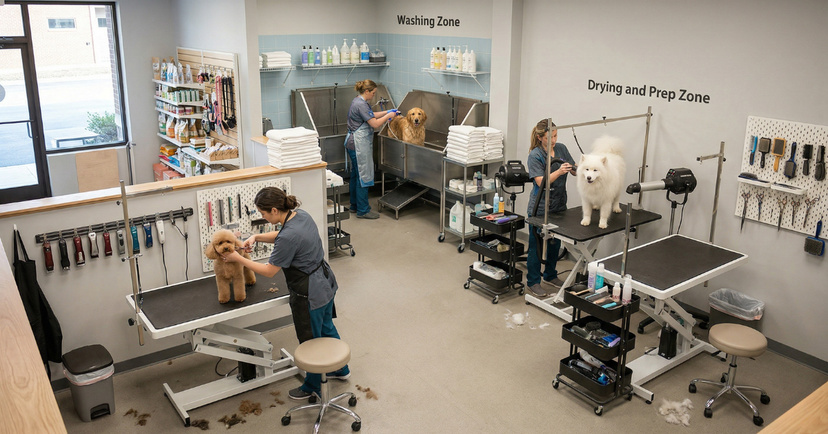 การตกแต่งภายในร้าน Pet Grooming ที่มีระเบียบ