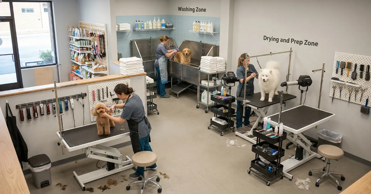 การตกแต่งภายในร้าน Pet Grooming ที่มีระเบียบ
