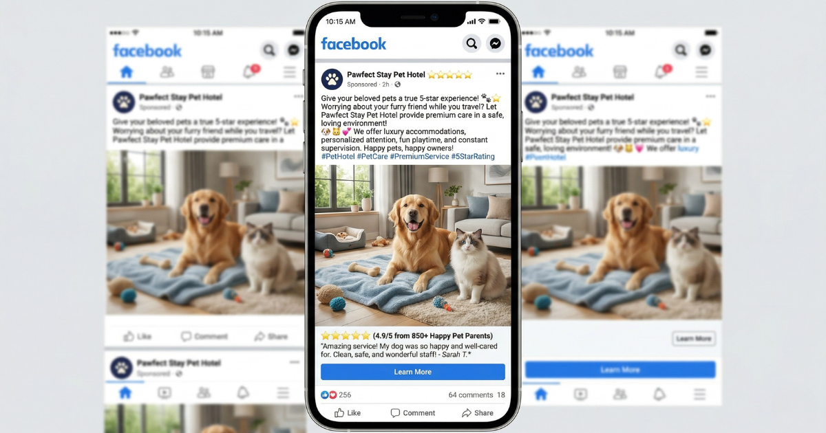ตัวอย่างโฆษณาโรงแรมสัตว์เลี้ยงบน Facebook