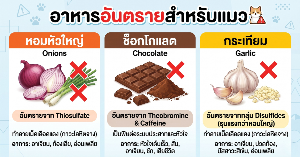 อาหารอันตรายที่เป็นพิษต่อแมว เช่น หอมหัวใหญ่ และ ช็อกโกแลต