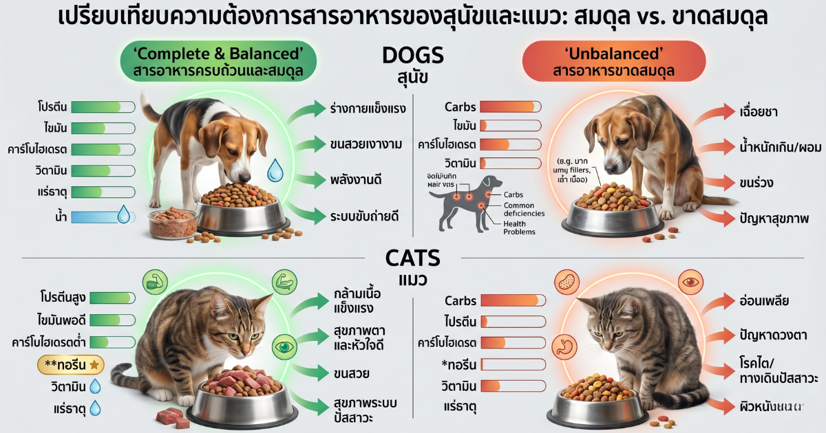 กราฟิกแสดงค่าโภชนาการที่เหมาะสมสำหรับสัตว์เลี้ยง เปรียบเทียบสารอาหารหลักและรอง