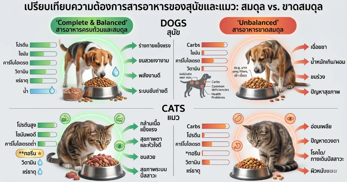 กราฟิกแสดงค่าโภชนาการที่เหมาะสมสำหรับสัตว์เลี้ยง เปรียบเทียบสารอาหารหลักและรอง