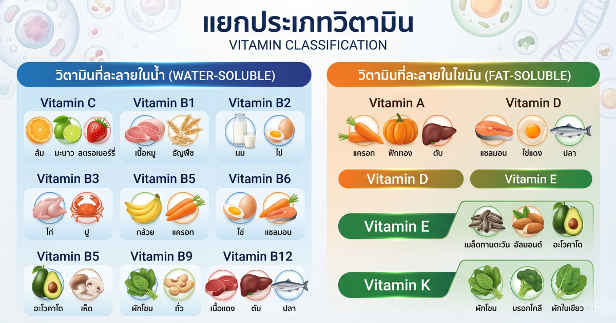 ตารางประเภทวิตามินละลายในน้ำและไขมันสำหรับสุนัข