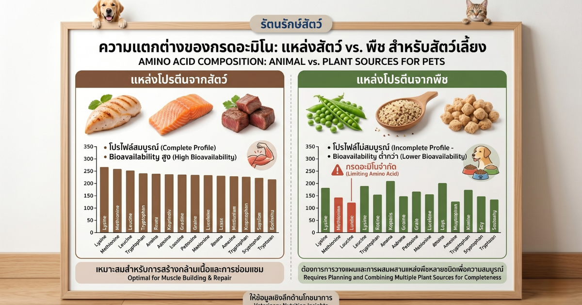 กราฟิกเปรียบเทียบโปรตีนเนื้อสัตว์และพืชในอาหารสัตว์เลี้ยง