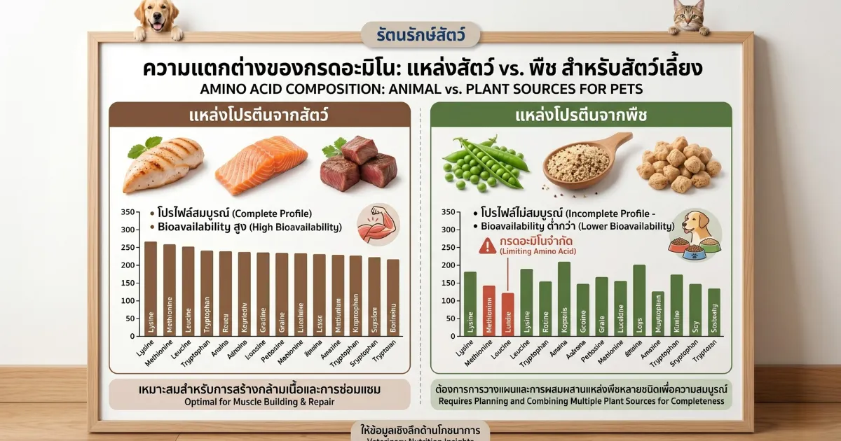 กราฟิกเปรียบเทียบโปรตีนเนื้อสัตว์และพืชในอาหารสัตว์เลี้ยง