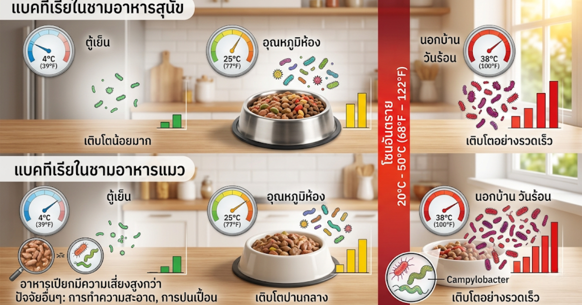 ความร้อนทำให้แบคทีเรียในอาหารสัตว์เลี้ยงขยายตัวเร็วขึ้น