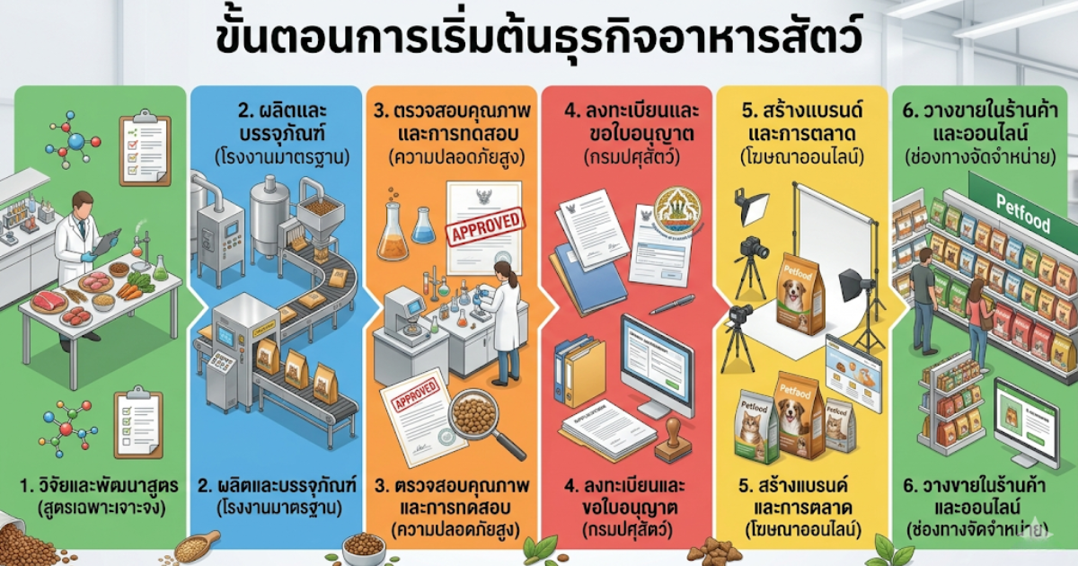 Infographic process of starting pet food brand from formulation to packaging