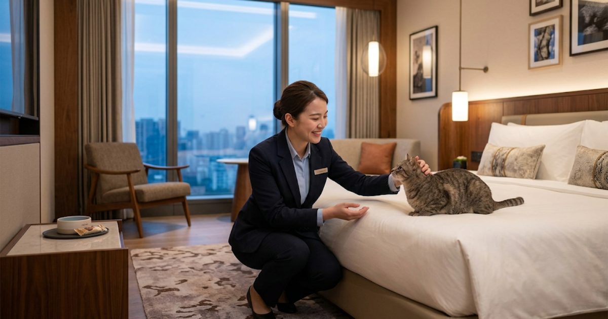 พนักงานต้อนรับน้องแมวในโรงแรมสัตว์เลี้ยงอย่างอ่อนโยน