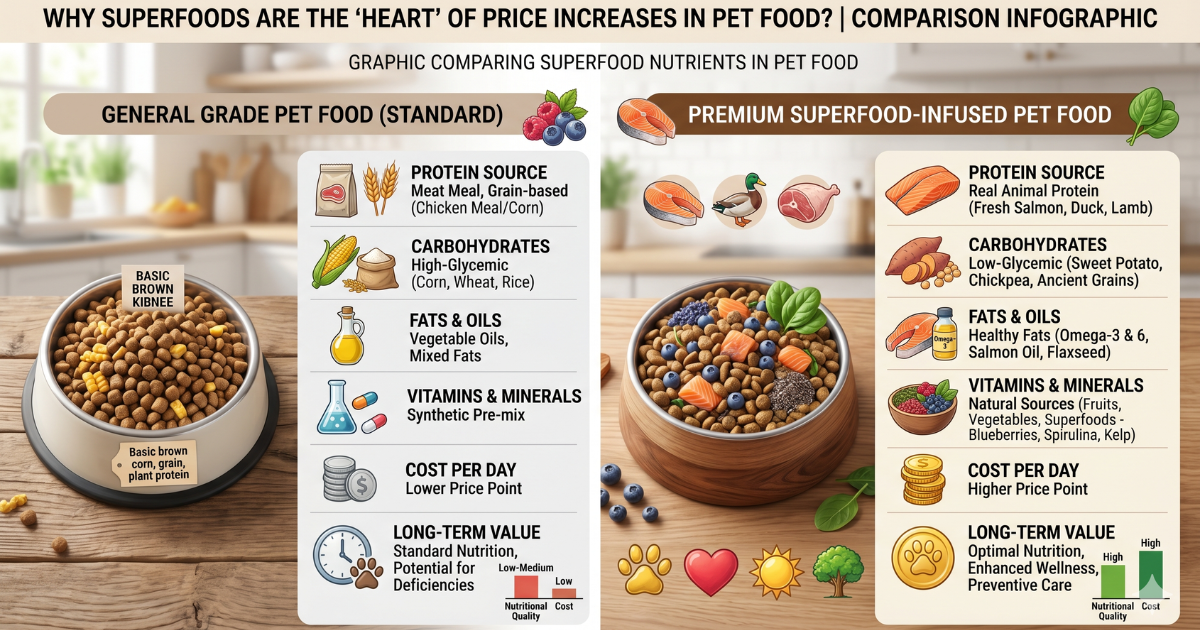 กราฟิกเปรียบเทียบสารอาหาร Superfood ในอาหารสัตว์เลี้ยง