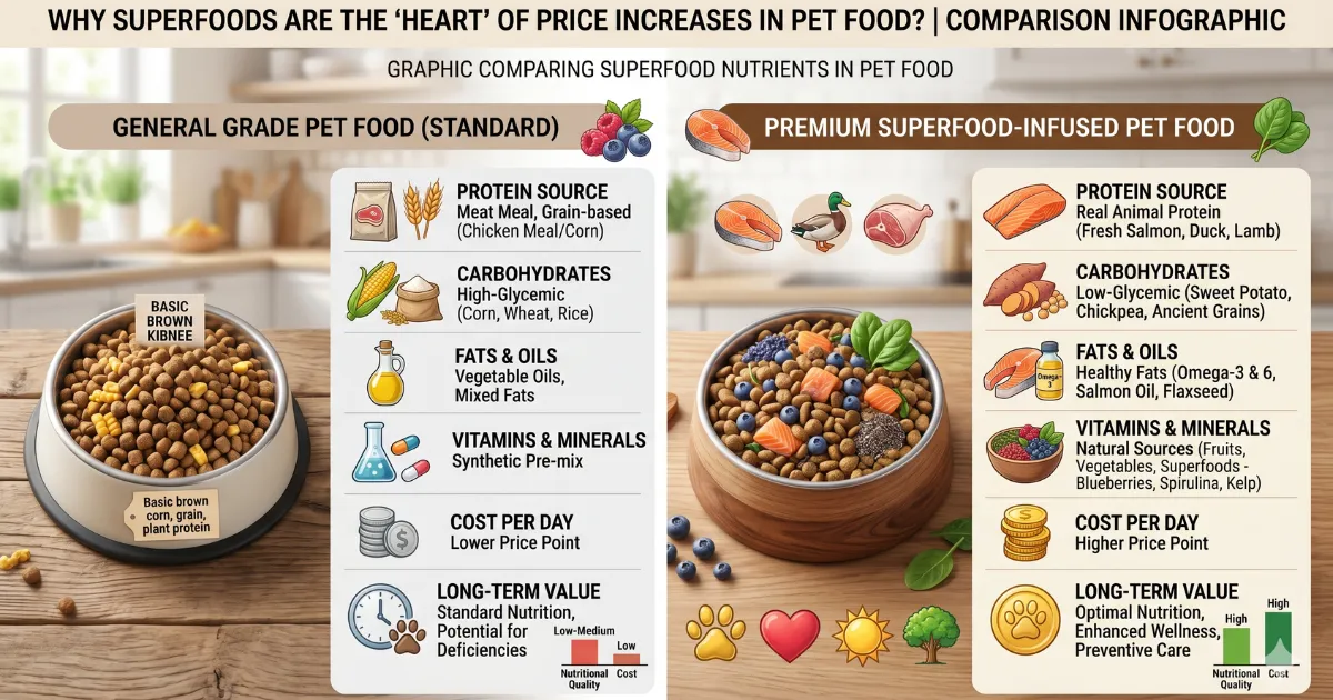 กราฟิกเปรียบเทียบสารอาหาร Superfood ในอาหารสัตว์เลี้ยง