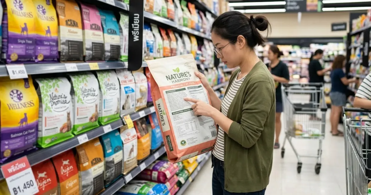 เจ้าของสัตว์เลี้ยงกำลังอ่านฉลากอาหารสัตว์
