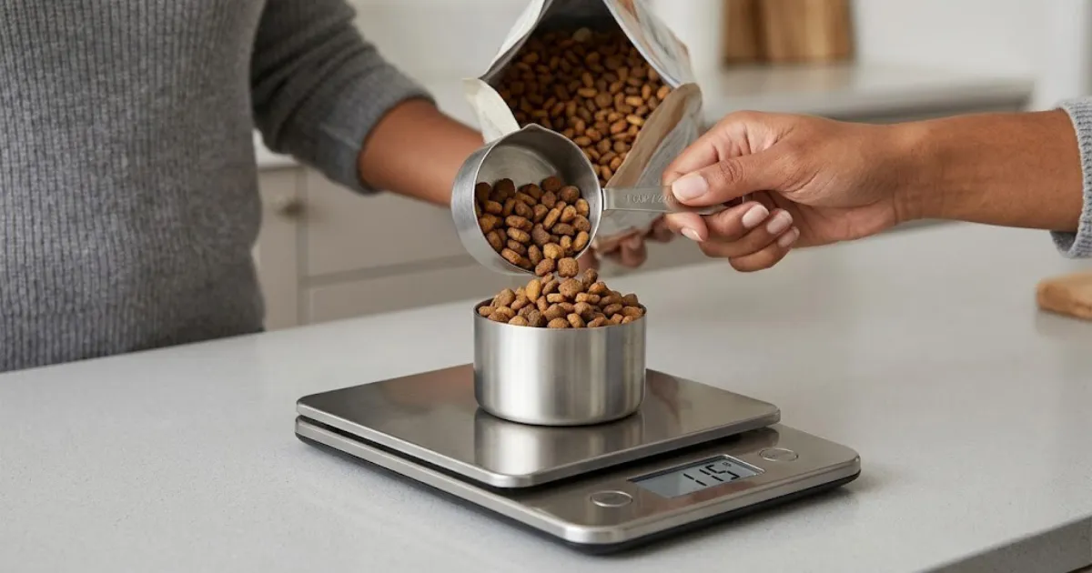 Measuring pet food with standard cup