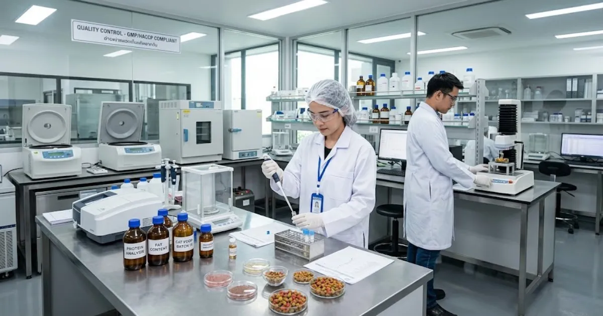 นักวิจัยกำลังทดสอบคุณภาพอาหารสัตว์เลี้ยงในห้องปฏิบัติการ